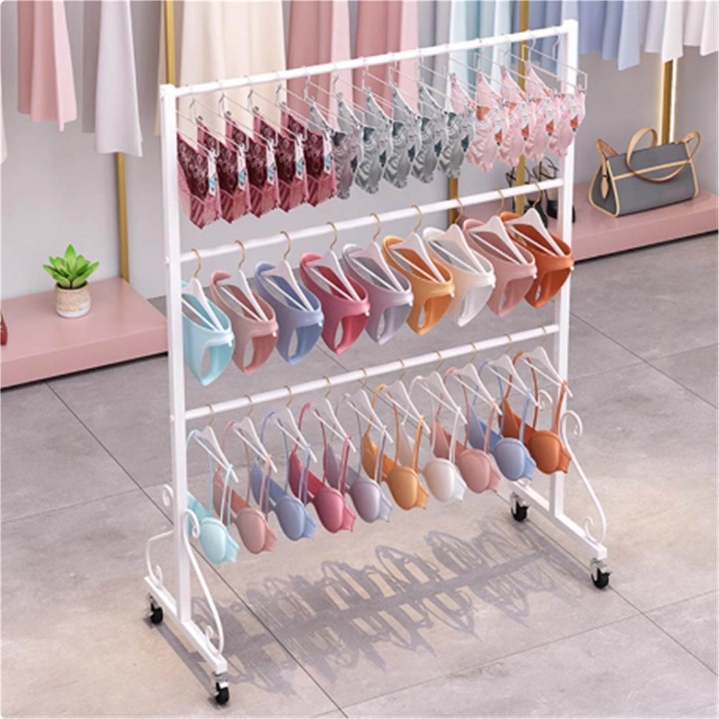Mobile Lingerie Bra Rack Swimsuit Organizer Hanger, Anti-Slip, Underwear Display Stand with Wheels, Commercial Clothing Store Shelf, for Shorts,Hats, Sock, 3 Tier(Black,100 * 40 *