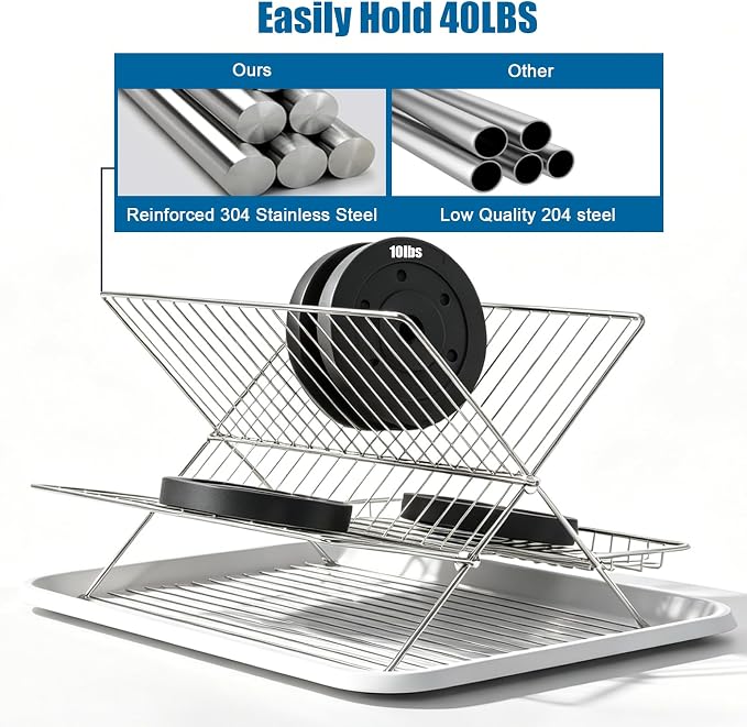 Stainless Steel Foldable Dish Drying Rack, 2 Tier Collapsible Kitchen Rack for Counter, Large Capacity Expandable Dish Drainer Rust Proof