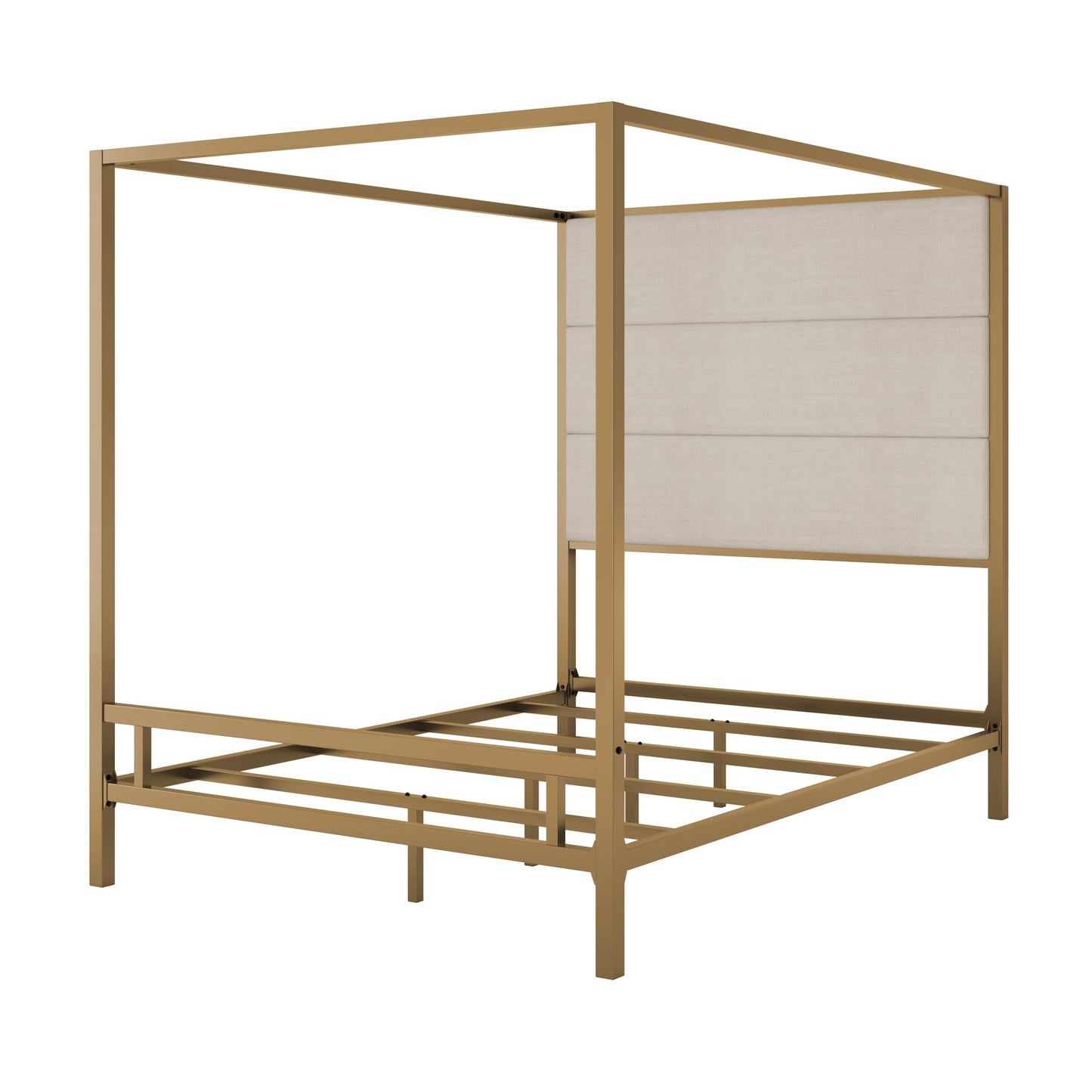 Merax Queen Size Gold Metal Canopy Bed Frame, Modern Upholstered Linen Headboard with Tall Back Support, 800 lbs Weight Capacity, Luxurious 4-Poster Bedroom Furniture for Modern Home, Gold+Tan