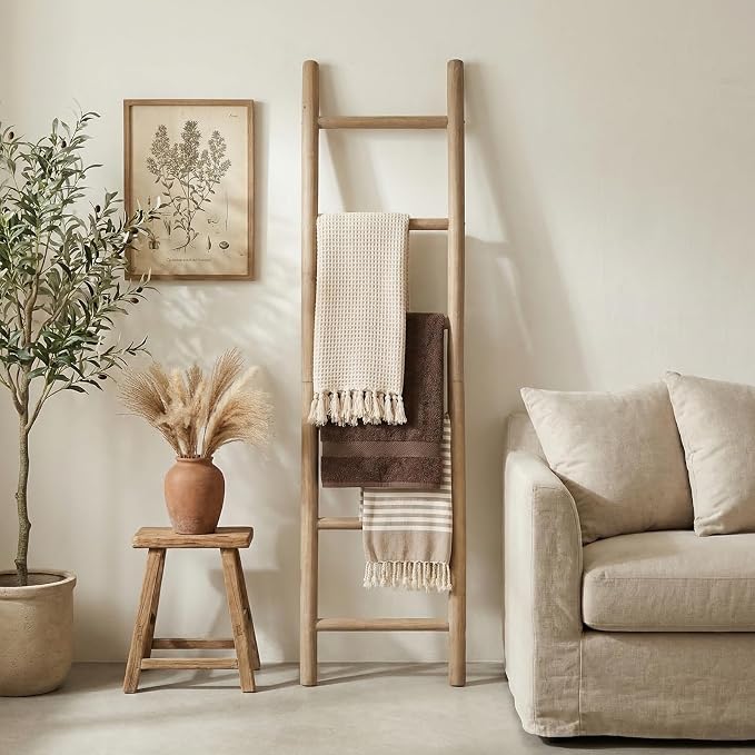 Wooden Blanket Ladder - 76in Natural Wood Color- Leaning Wall Decor for Bedroom, Bathroom, Living Room - Rustic Quilt Holder (Brown (Knock Down), 76in | Knock Down)