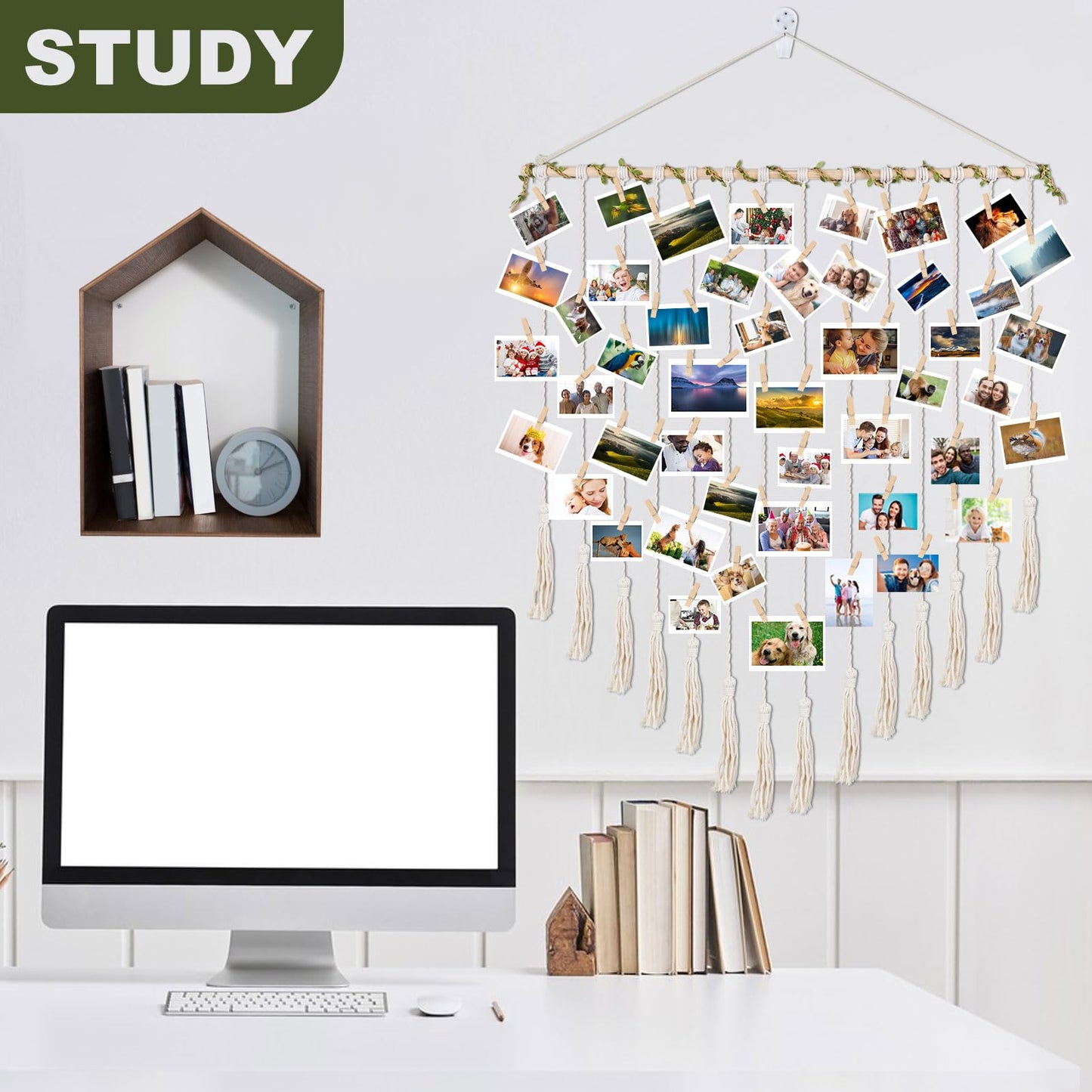 Hanging Photo Display boho bedroom decor teenage girl room decor Birthday Gifts for Grandma gift for mom Grandma’s Gifts - from Daughter, Granddaughter and Grandson - Mom Grandmothers Photo Holder,with 30 Wood Clips, 35" L x 30'' W