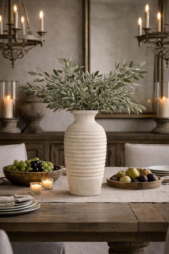 Vaseking Ceramic Natural Rustic Vase, 14.4 Inch Large Vintage Flower Threaded Decorative Farmhouse Tall Vase for Home Decor, Living Room, Shelf Decor, Wedding, Housewarming Gift, Off-White