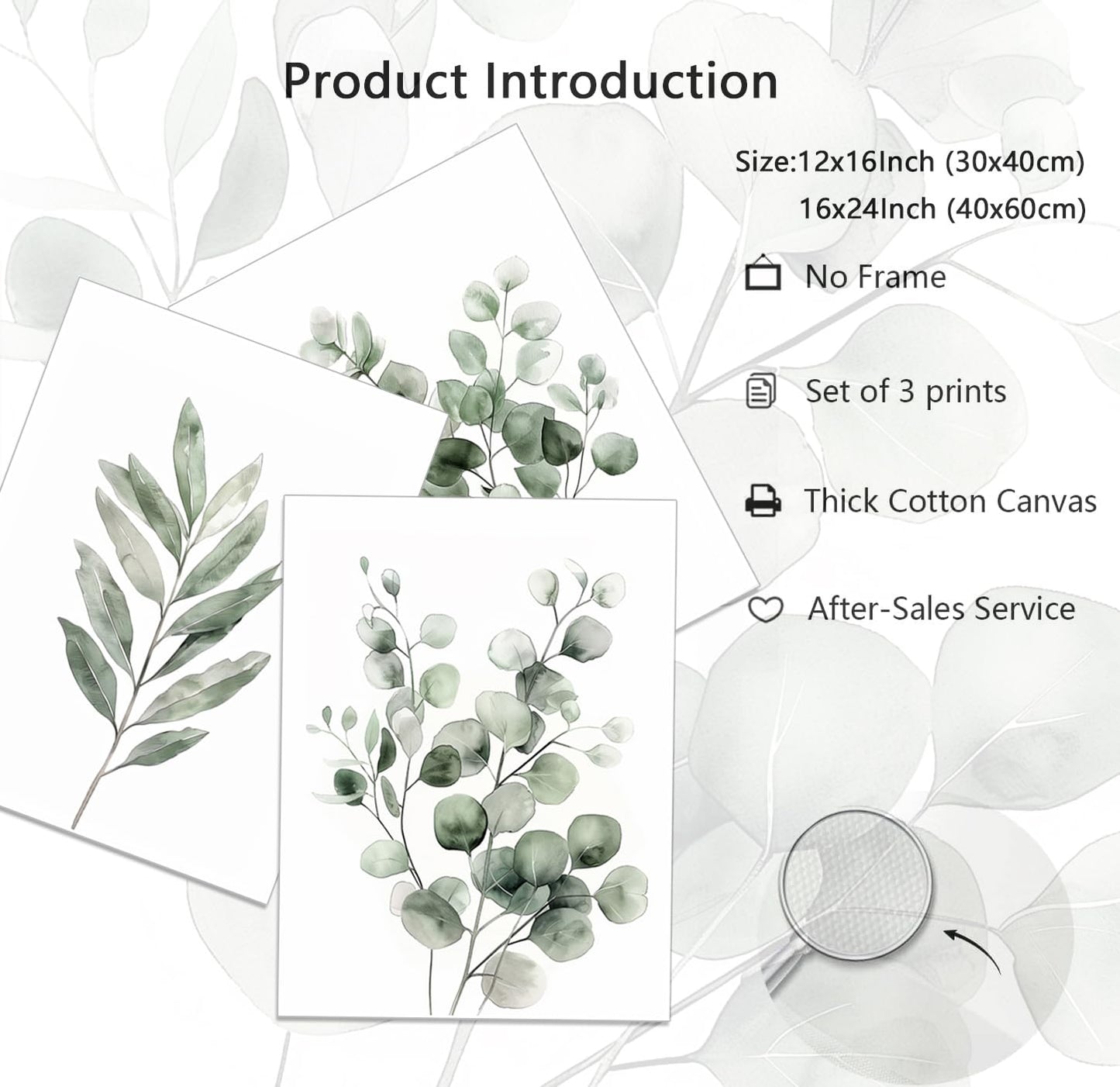 Sage Green Botanical Canvas Wall Art Poster Set of 3, Eucalyptus Leaf Pictures Wall Decor Paintings, Minimalist Plant Prints Aesthetic Home Decor for Living Room Bedroom Bathroom 12x16 inch Unframed