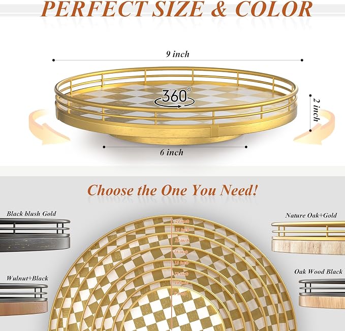 9 Inch Gold Lazy Susan Turntable Organizer, Kitchen Counter Spice Rack Organizer, Rotating Seasoning Tray for Cabinet Pantry, Farmhouse Round Decorative Serving Tray with Guard Rail