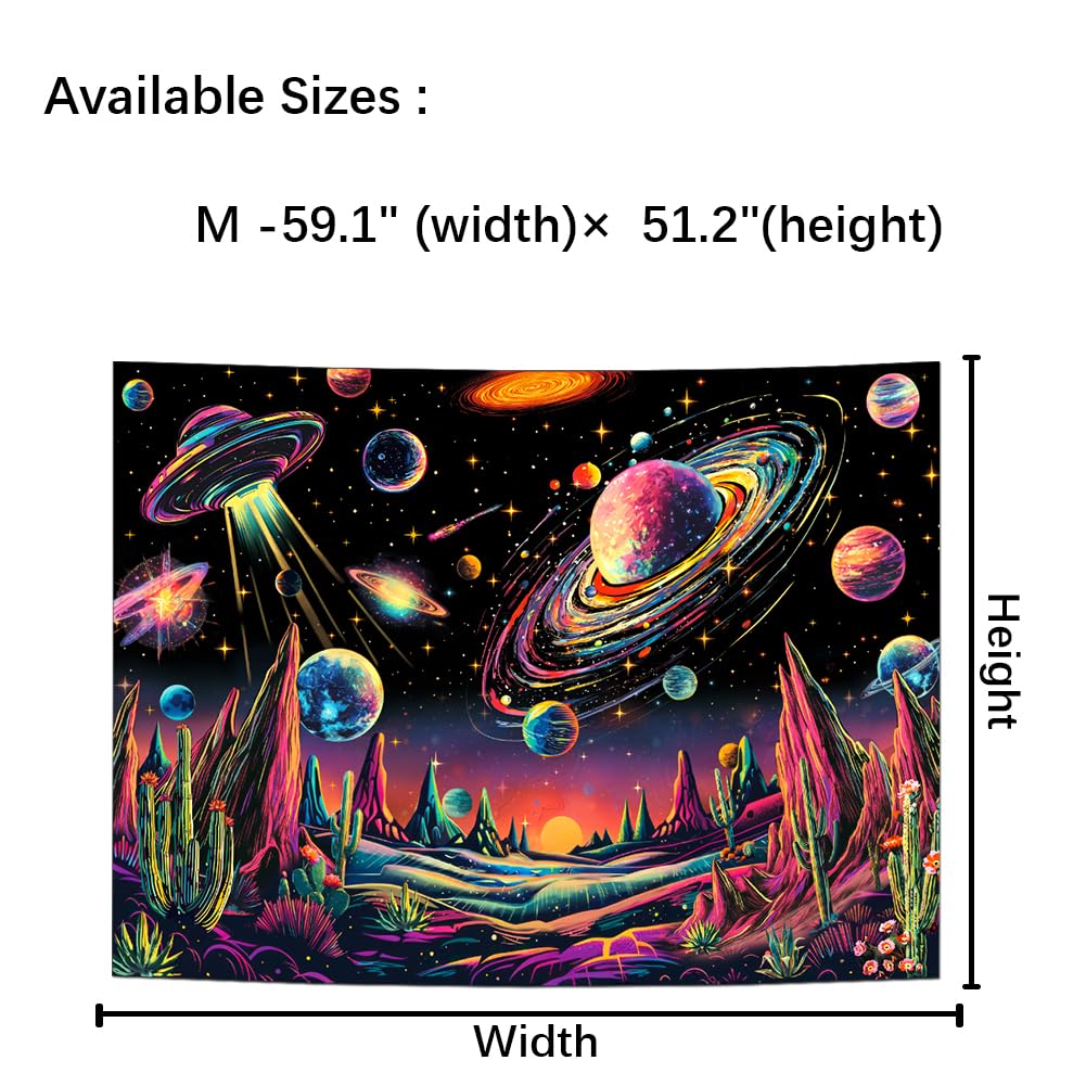 Tushelia Blacklight Galaxy Space Tapestry Neon Planet UFO Tapestries UV Reactive Cactus Mountain Wall Decor Black Light Starry Night Sky Tapestry Wall Hanging for Bedroom