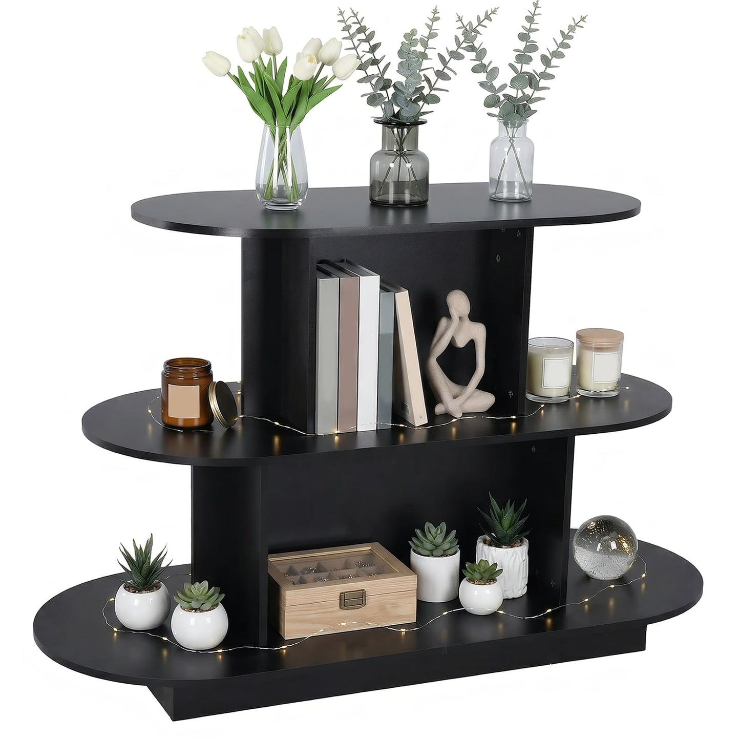 3 Tier Wooden Oval Display Table Large Storage Space Retail Table Modern Standing Display Riser Shelf for Stores Vendor Events 55in W x 23.6in D x 35in H (Black)