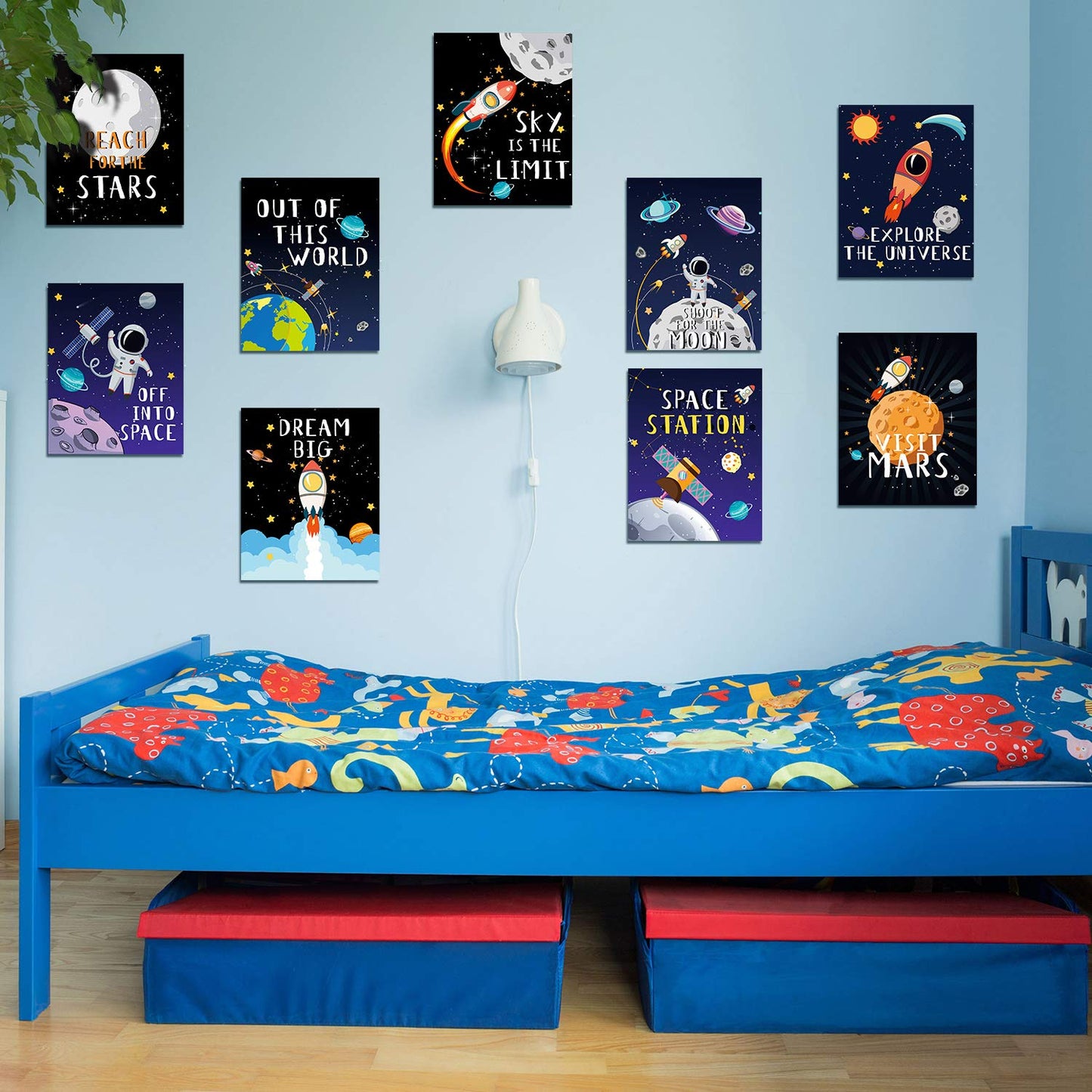 Blulu 9 Pieces Outer Space Decor for Kids Room Boy Bedroom Space Posters 8 x 10 Inch Cute Inspirational Art Decoration for Boys and Girls Playroom Nursery