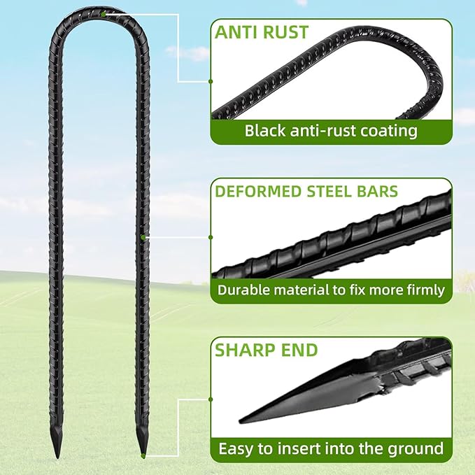 Black Trampoline Stakes Anchors High Wind 16inx10mm Galvanized U Hook 10pcs Rebar Stakes – Heavy Duty Ground Anchors for Trampoline,Yard & Inflatable,Landscape Metal Stakes for Outdoor Decorations