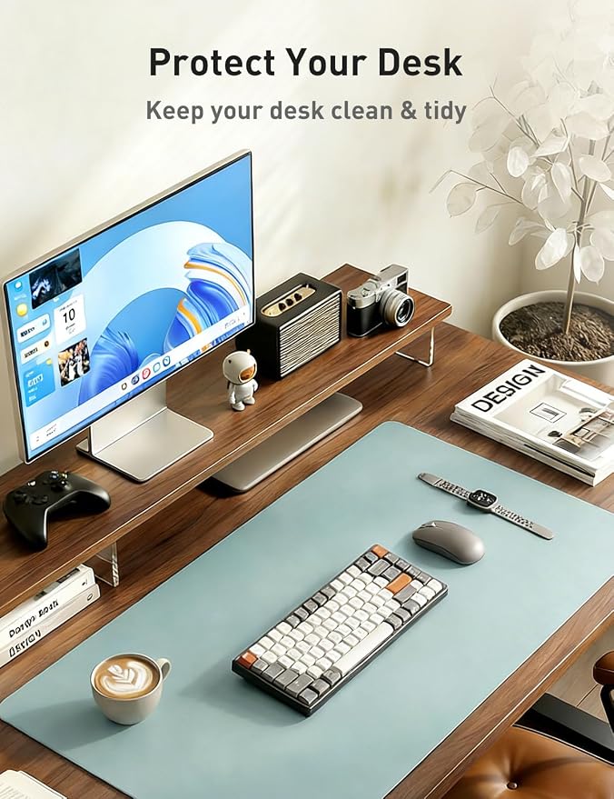Aothia Faux Leather Desk Mat - Non-Slip PU Leather Desk Blotter, Waterproof Writing Surface, Large Desk Pad for Office & Home (Light Blue, 55" x 17")