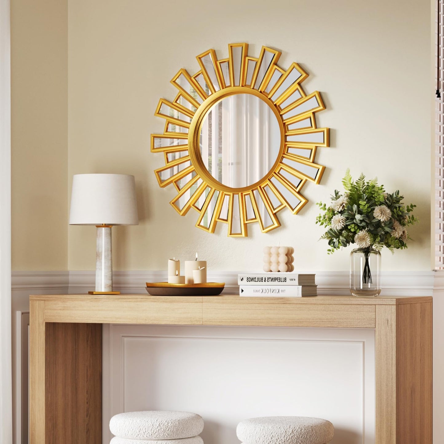 CozyDH Decorative Sunburst Mirror Gold - Large Sun Mirror for Wall Decor 24 inch, Round Modern Boho Sun Wall Art for Bedroom Living Room Hallway Bathroom Entrance