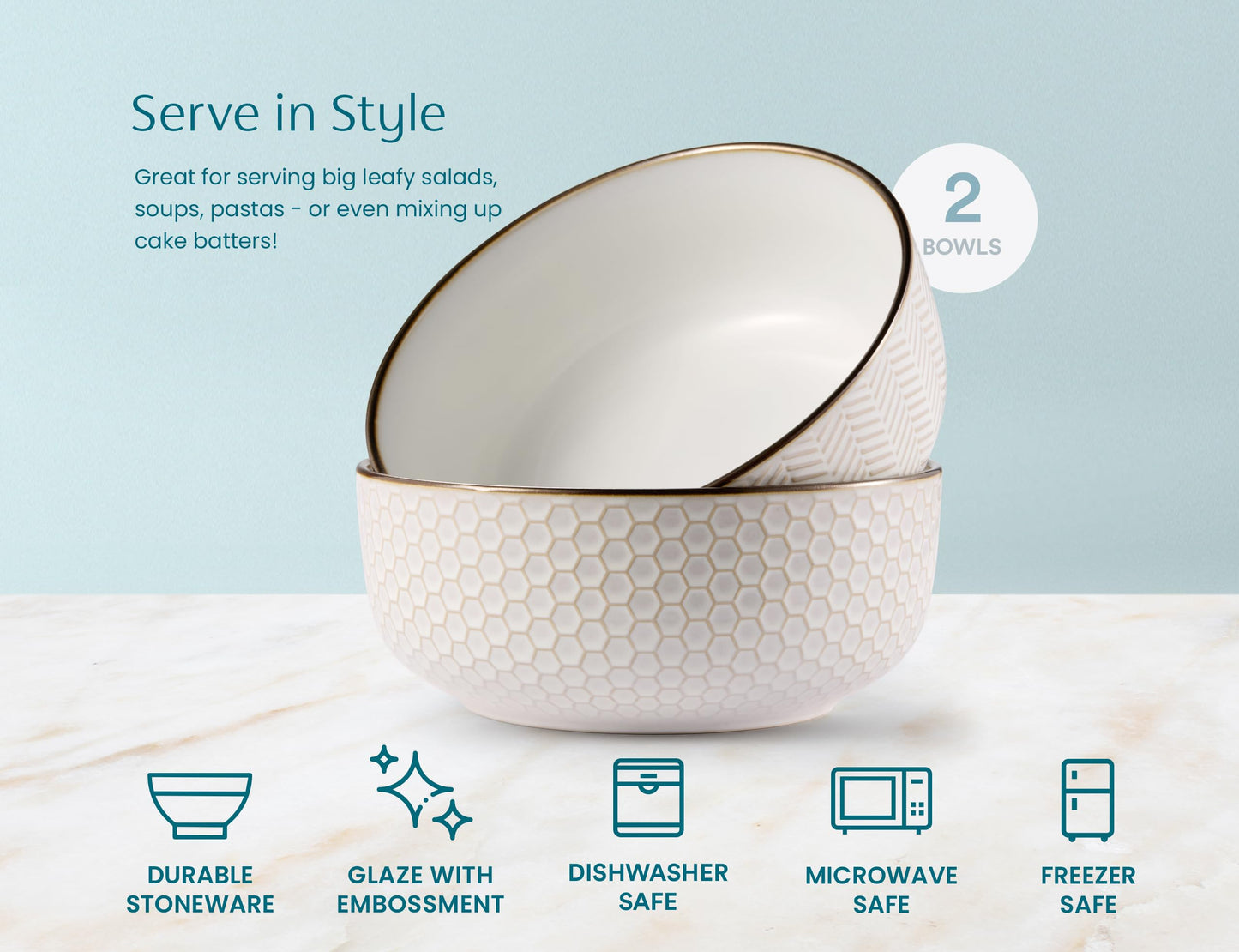 KooK Ceramic Salad Bowls, Embossed Large Kitchen Bowls, For Serving Pasta, Soup, Fruits, Microwave and Dishwasher Safe, Cream with Dark Copper Accents, Set of 2, 60 oz, Narbonne Collection