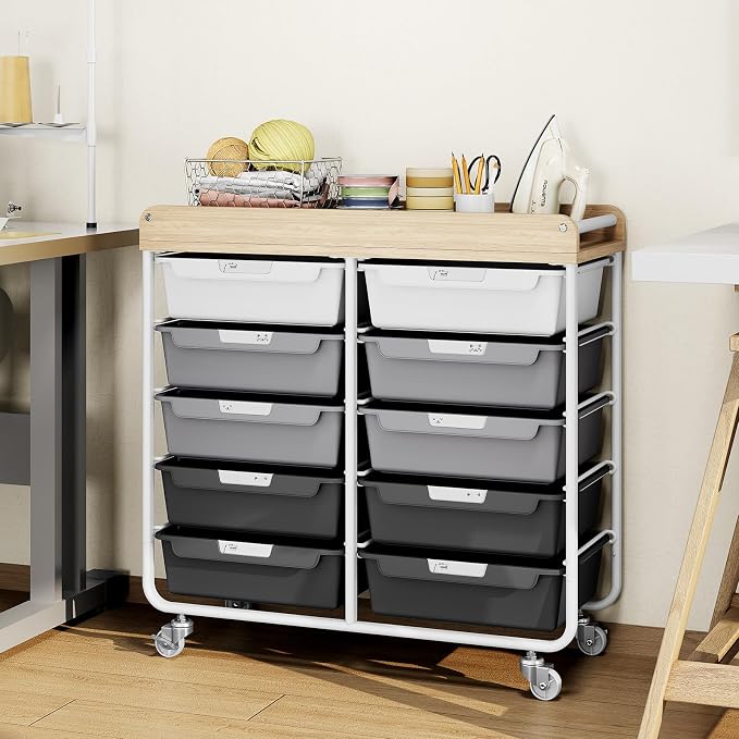 10 Drawers Rolling Cart with Wooden Tabletop, Utility Storage Cart with Wheels, Art Supply Craft Organizer on Wheel with Metal Frame & Handles for Home Office School,Grey