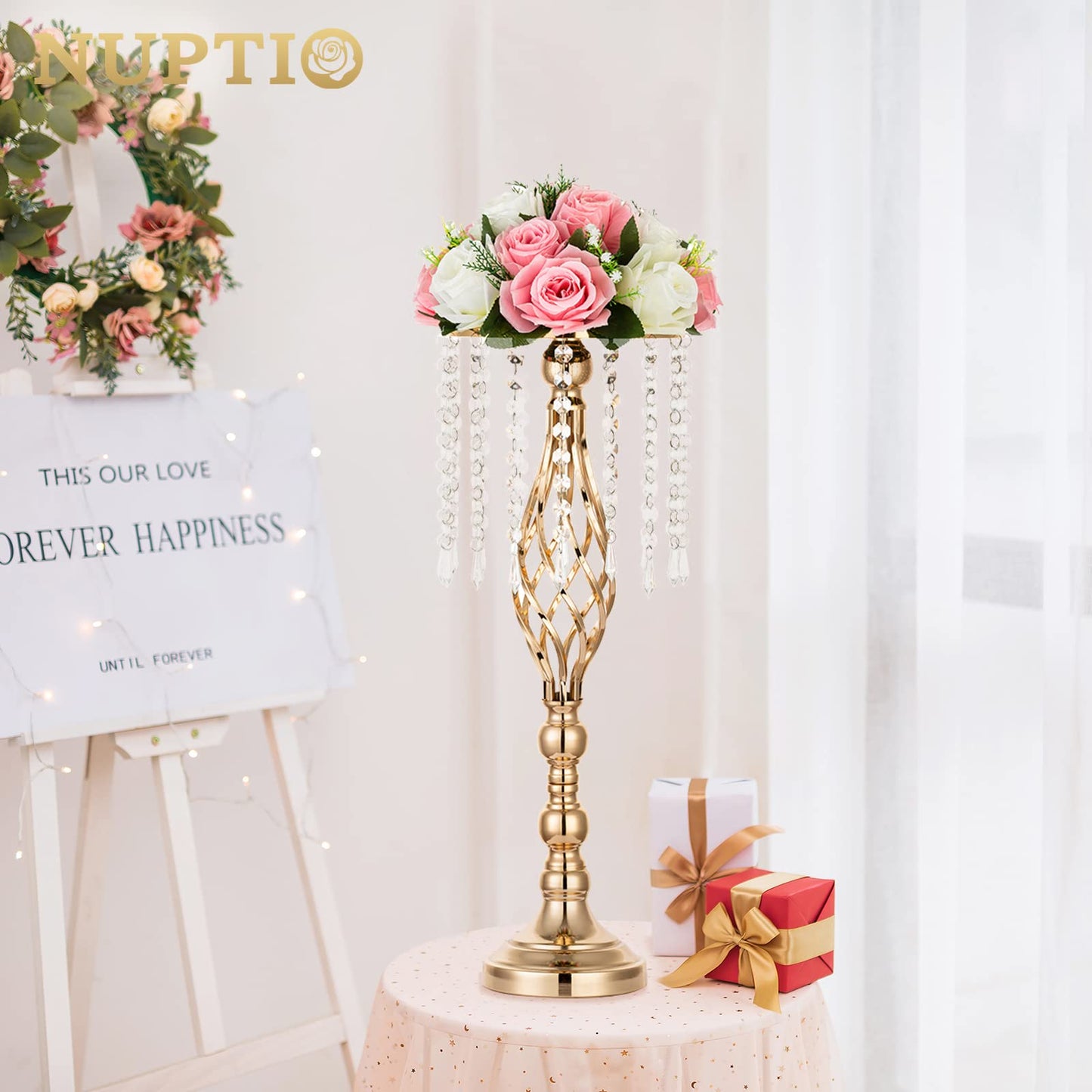 Nuptio 2 Pcs Crystal Flower Stand Wedding Centerpieces for Tables, 21.7in/55cm Tall Elegant Metal Flower Arrangement Stand, Tabletop Metal Flower Vase for Wedding Party Dinner Event Hotel Home Decor
