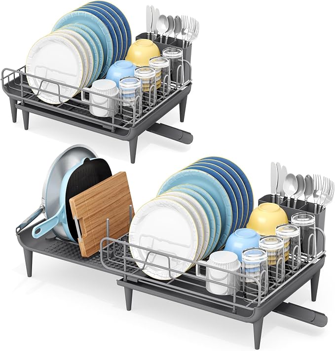 TOOLF Large Dish Drying Rack, Expandable Dish Rack for Kitchen Counter, Multifunctional Dish Drainer, Organization and Storage Essentials with Cup & Cutlery Holders, 16.7"-26.8" L x 12.6" W, Gray