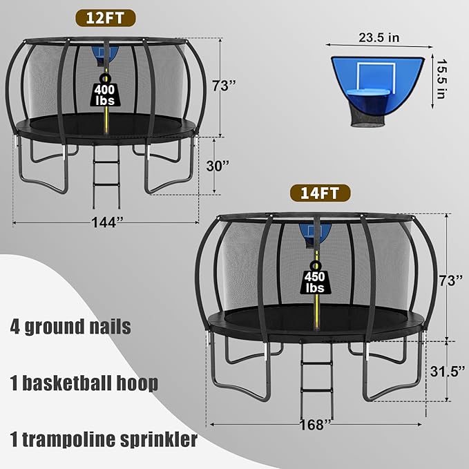 Trampoline 12FT 14FT 15FT 16FT for Kids/Adults - Outdoor Recreational with Enclosure Net Curved Poles and Ladder, Heavy Duty Anti-Rust Coating, ASTM Approval