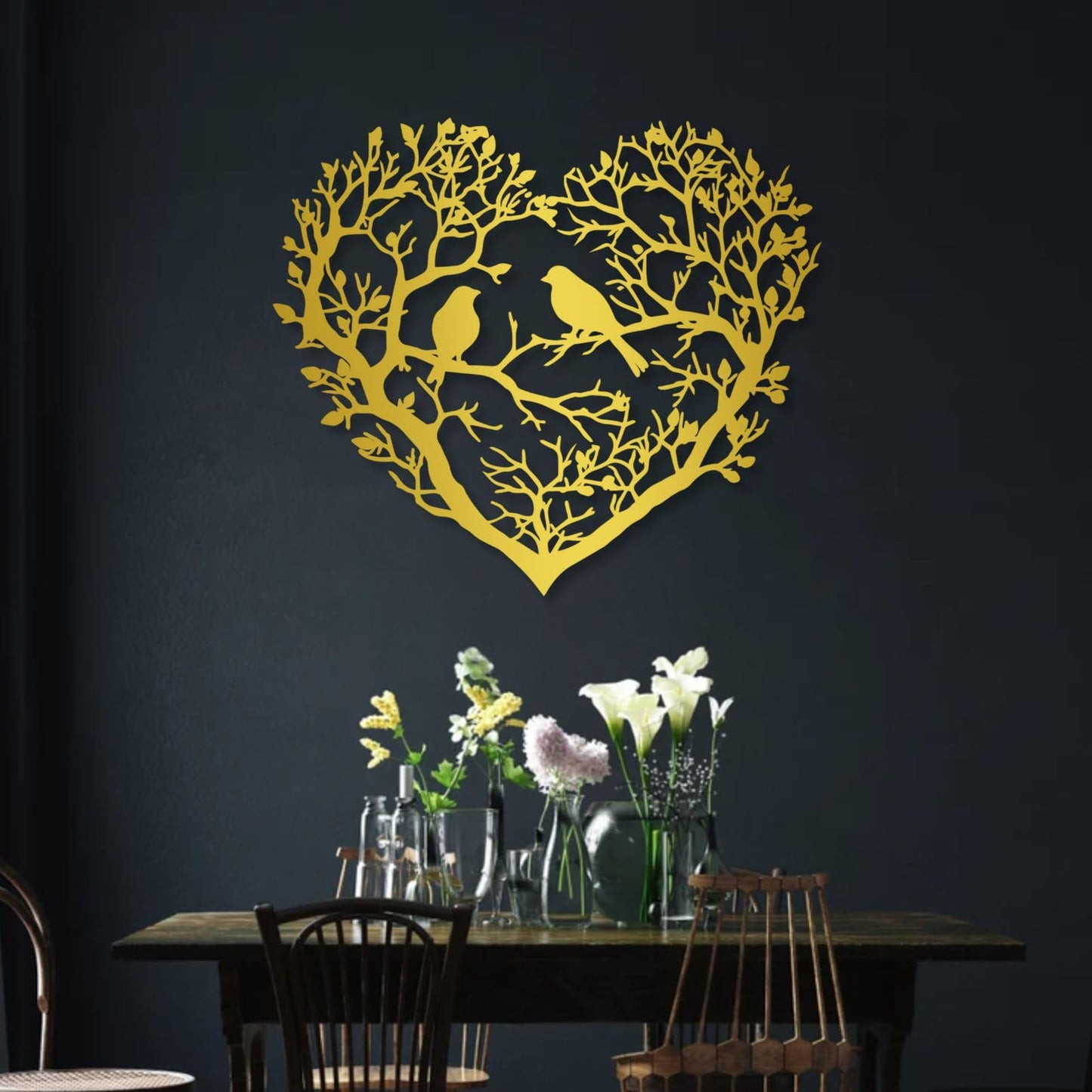 huefoam Bird Metal Wall Art, Heart Metal Wall Art, Birds on a Branch Wall Decor, Heart Wall Decor for Living Room, Bedroom, Bathroom (Black, 28"×24"/70×61cm, metal art wall decor)