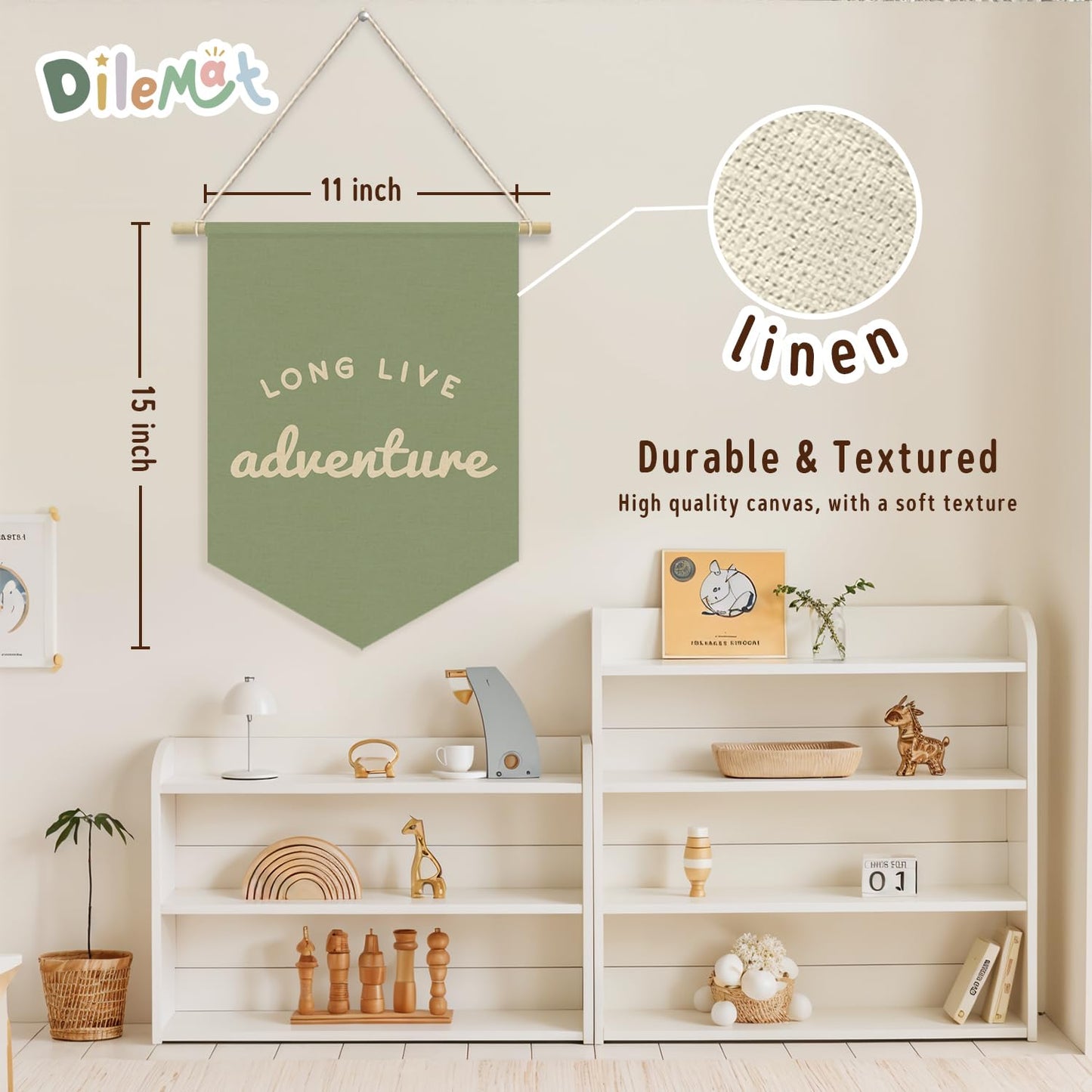 Dilemat Sage Green Playroom Decor,Boy Nursery Decor,Long Live Adventure Linen Pennant Banner,Camper Decor Wall Hanging for Toddler Decorations,Boy Room,Nursery,Playroom