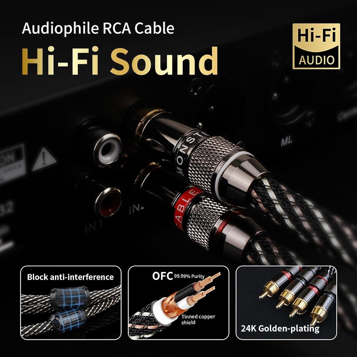 3.28ft 2RCA Male,15 AWG,4N Core,24K Player,Turntable(3.28ft/1m) Audiophile HiFi Audio RCA Cables - Male to OFC