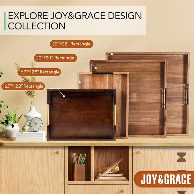 Joy&Grace Ottoman Tray for Living Room, Large Acacia Wooden Serving Tray with Handles for Coffee Table, Breakfast in Bed, Food Dinner, Decorative Tray (Color Natural, 20" x 20" x 2")