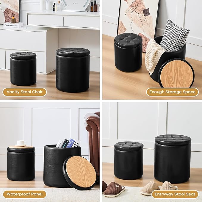 oakvivo Round Ottoman with Storage Set of 2, 12.6" W x 14.17" H & 14.76" W x 17.32" H Faux Footstool Storage Ottomans for Bedroom, Living Room Padded Coffee Table Ottomen, Black
