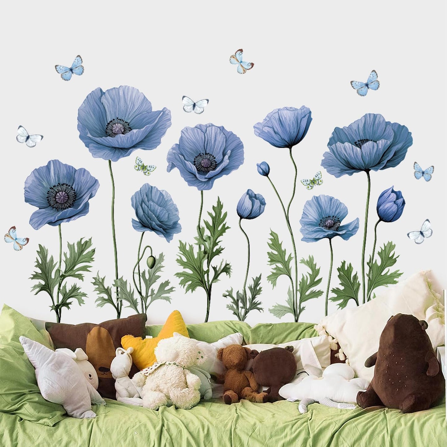 AM AMAONM Removable 3D Creative Flowers and Butterflies Wall Decal, Flower Vines Wall Stickers, DIY Floral Leaf Wall Decor for Home Nursery Bedroom Wall Corner Decoration (Blue)