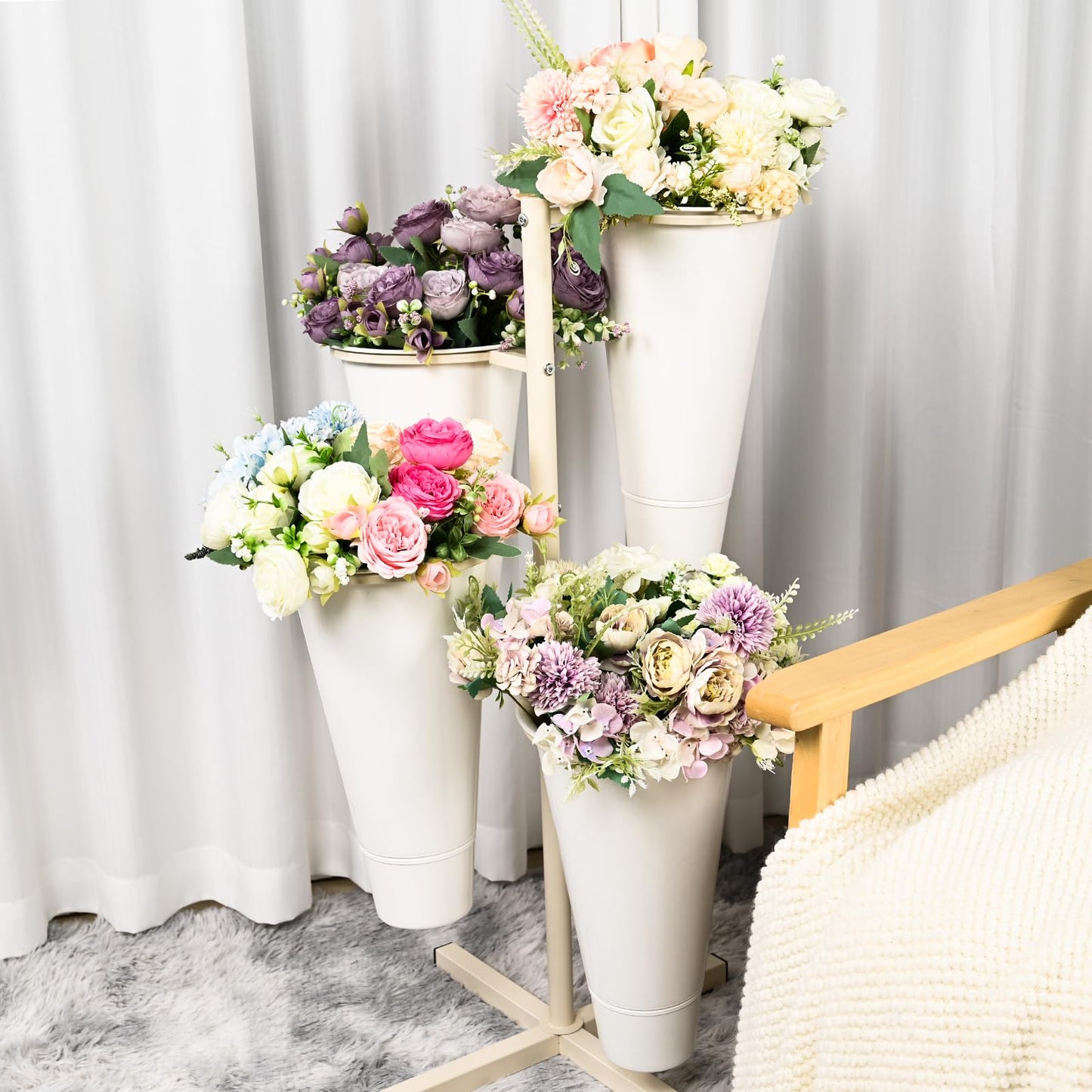 Flower Display Stand with Buckets, Metal Flower Bar Stand Rustic Farmhouse Florist Bouquet Holder Flower Cart Display Shelf for Outdoor Patio Garden Wedding Decor (Round)