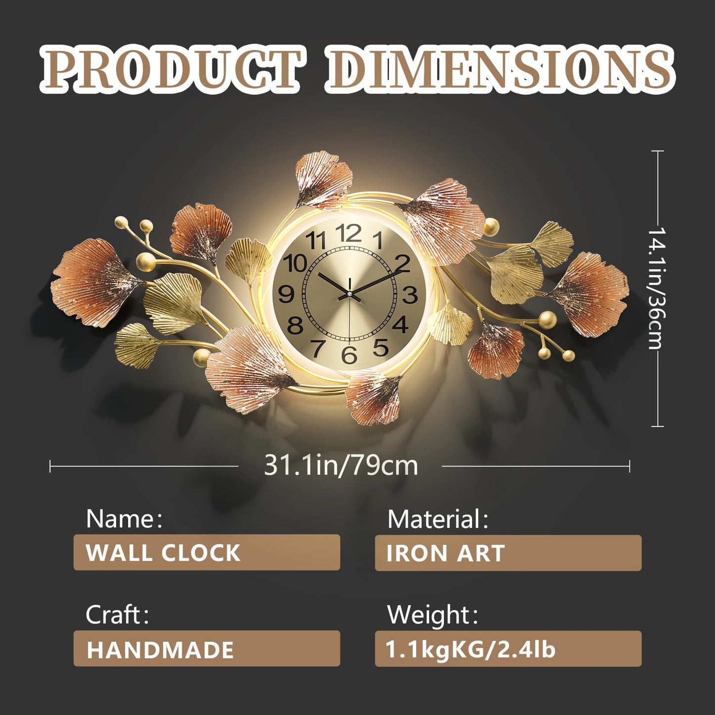 HEBOIX Large Wall Clocks for Living Room Decor with Silent Quartz Movement and 3D Ginkgo Leaf Modern Stylish Decorative Metal Wall Clock for Living Room/Bedroom/Office/Bathroom Wall Art