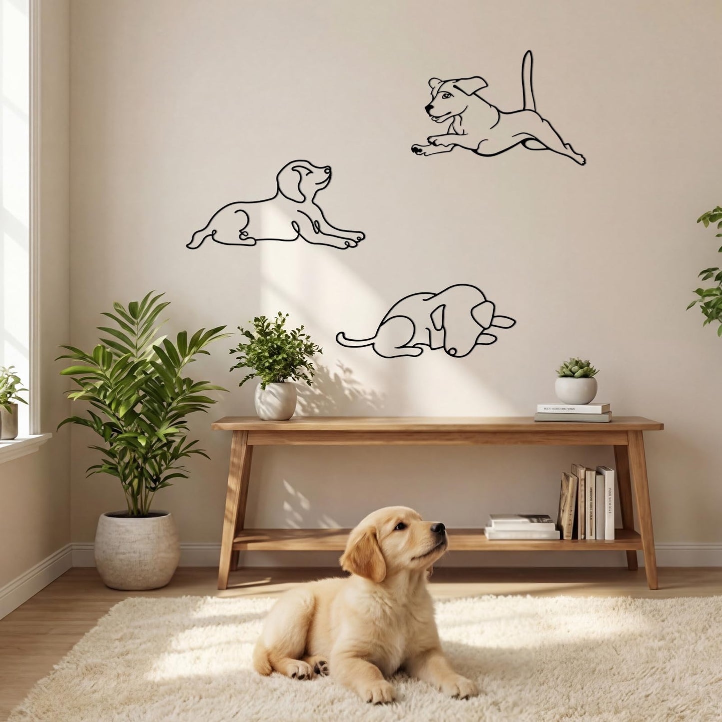 BrightRow 3 Pcs Dog Wall Art Minimalist Abstract Pet Line Drawing Decor Black Metal Modern Pet Sculptures Dog Lover Gifts for Living Room Bedroom Kitchen Wall Decorations(Puppy B)
