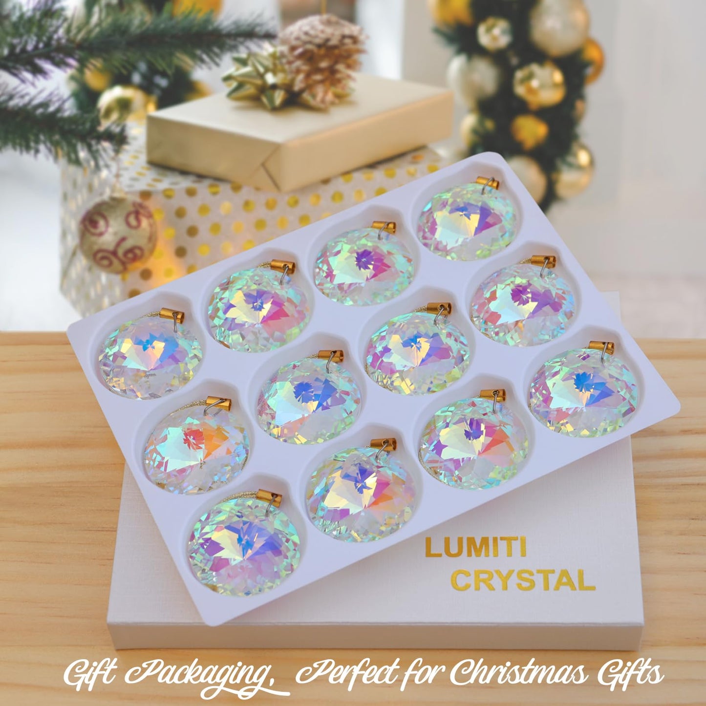 LUMITI 12 Pcs Crystal Glass Christmas Balls Ornaments, 1.18″ Mini Round Prism Flower Xmas Tree Decorations, Hanging Ornament for Wedding Party Home Decor (Crystal AB)