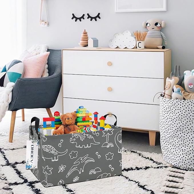 Rectangular Dinosaur Pattern Storage Bin, Decorative Canvas Laundry Basket with Dual Handles,Foldable Household Toy Organizer,Multipurpose Party Gift Basket for Bedroom Dorm(Gray Line Dinosaur)