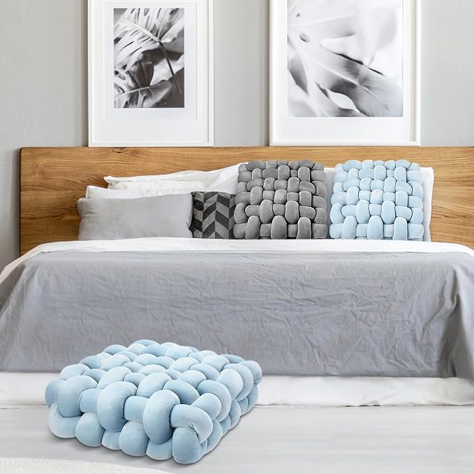 Wenqik 2 Pcs Knot Pillows Square Knotted Plush Throws Soft Accent Pillows Decoration Cushion for Couch Home Office Living Room Bedroom Bed Sofa Decor, 12'' x 13''(Ice Blue,Crystal Velvet)