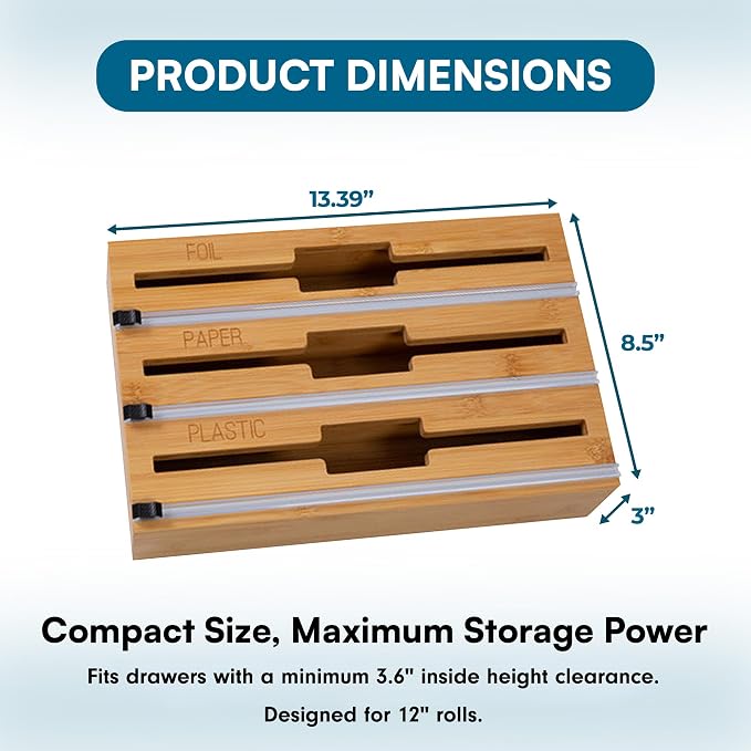 Honey Can Do 3-In-1 Bamboo Food Wrap Organizer With Safety Cutter | Plastic, Wax, Paper and Foil Holder KCH-09858 Natural