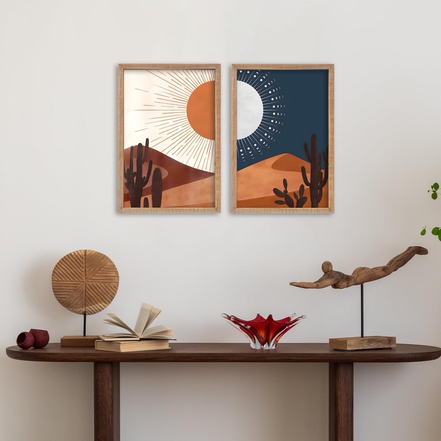 SRSZHIYUE Desert Cactus Landscape Day and Night Wall Art 16x11 Inch 2 Pieces Boho Abstract Wall Decor for Living Room Wooden Framed Hanging (Wood)