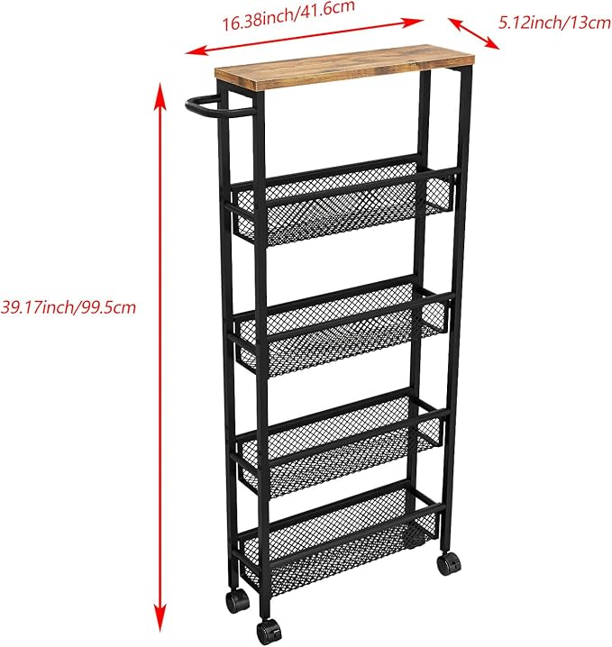 AZERPIAN Slim Rolling Cart 5 Tier Narrow Storage Cart on Wheels with MDF Board Top and Metal Handle for Small Space Kitchen Living Room Home Office Pantry Bathroom Laundry (16.38 x 5.12 x 39.17 inch)