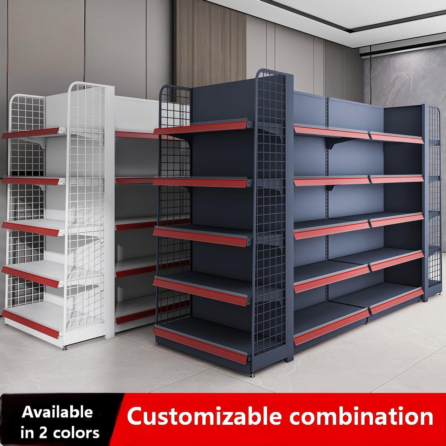 Double-Sided Retail Display Shelving Unit, Adjustable Height, Customizable Combination, 2 Colors (Black, W106*D31*H63)
