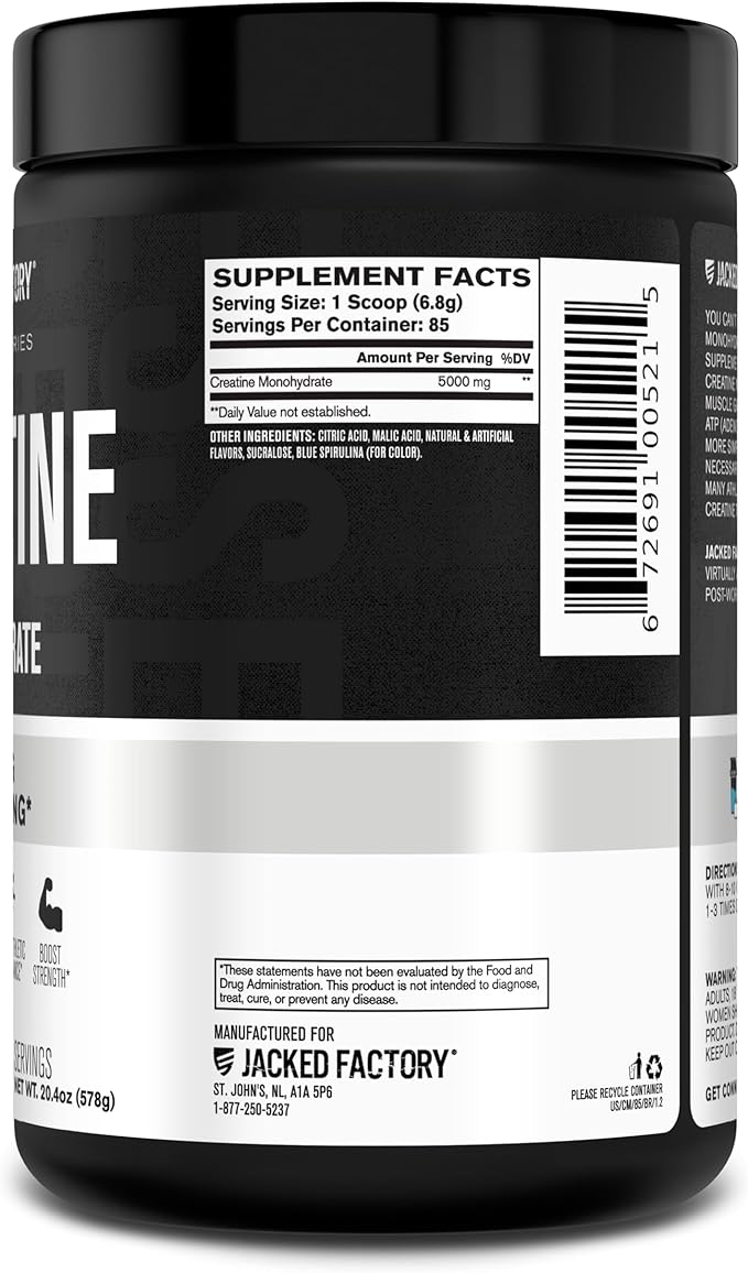 Jacked Factory Creatine Monohydrate Powder 425g - 5g Daily Creatine Supplement for Men and Women, Vegan-Friendly, Third-Party Tested - 85 Servings, Blue Raspberry