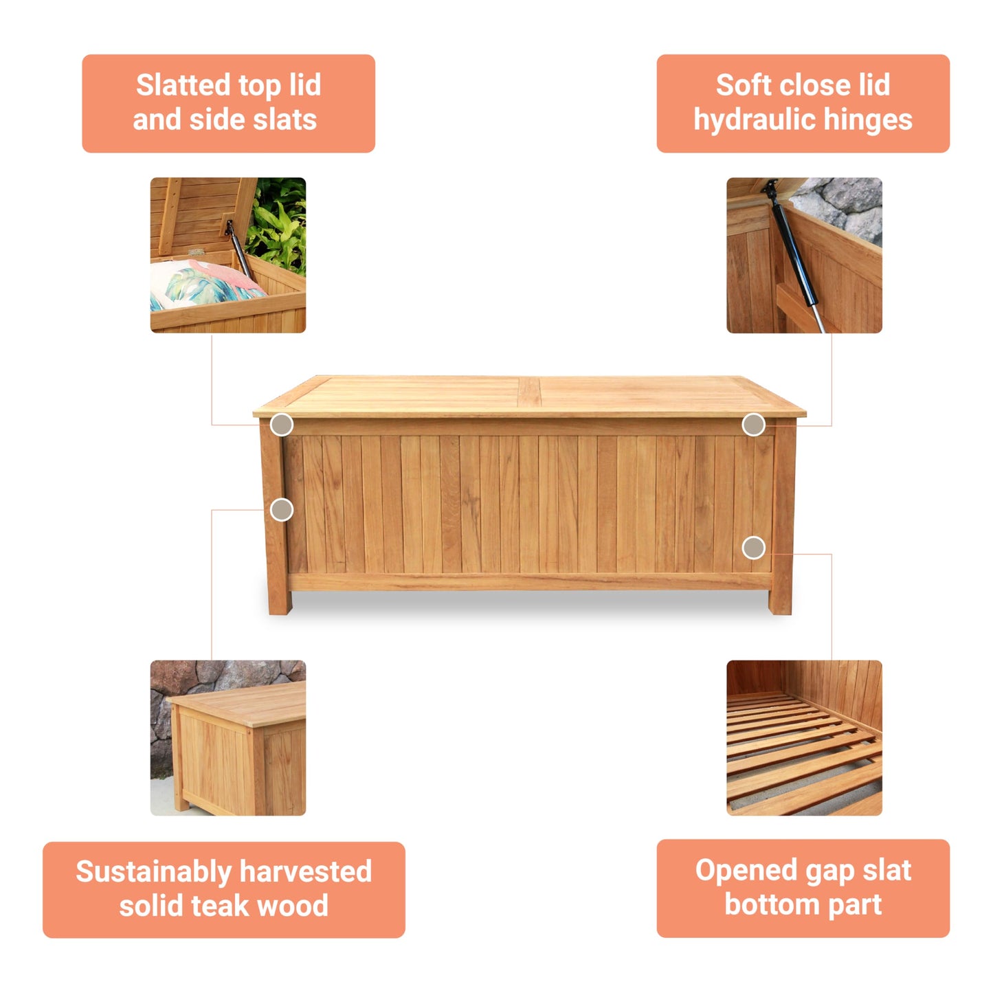 Cambridge Casual Arie 48-Inch Teak Outdoor Deck Box Storage Chest – Weather-Resistant Patio Organizer with Soft-Close Lid for Pool or Garden Storage, 49 Gallons