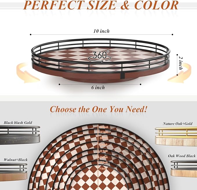 Brown Checkered Lazy Susan Organizer, 10 Inch Rotating Countertop Tray with Black Metal Rail, Wood Turntable for Kitchen Counter, Coffee Bar, Bathroom Vanity, Perfume and Spices