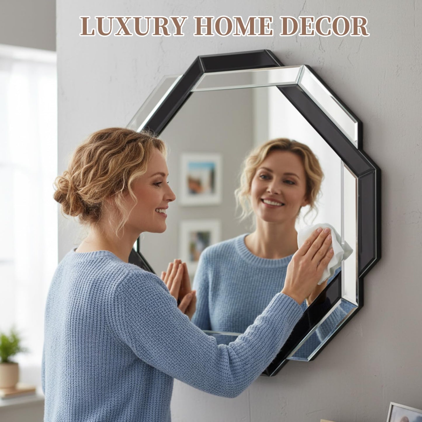 Vercraft Bathroom Mirror Decorative Beveled Edge Frameless Mirror Wall Mirrors Hexagon Silver Polished for Wall Bathroom Vanity Room Bedroom Living Room and Enter Way (30"×30")