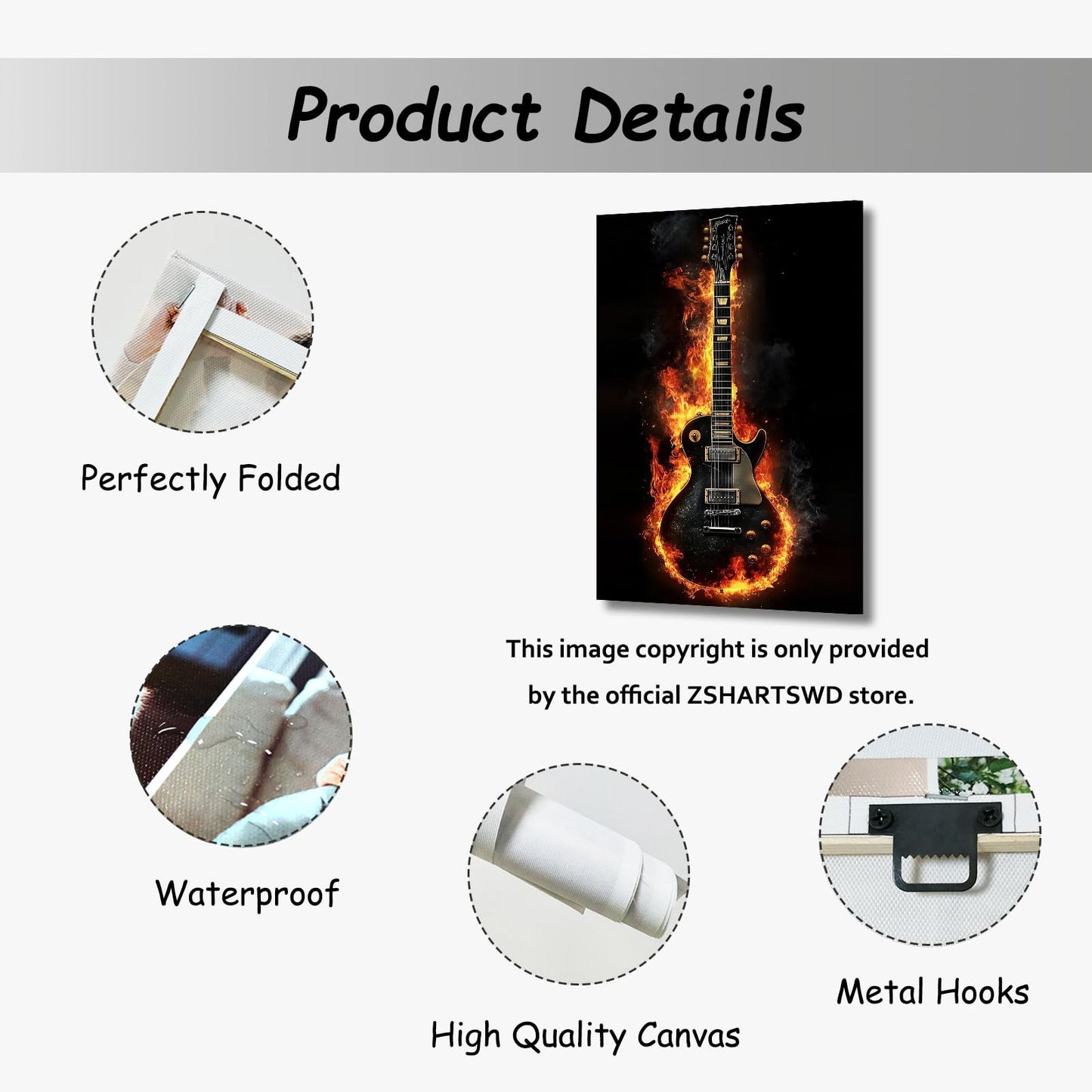 ZSHARTSWD Guitar Canvas Wall Art Fire Burning Electric Guitar Picture Abstract Musical Instrument Poster Print Jazz Music Painting for Bedroom Bar Decor Framed (Black, 18L x 12W)