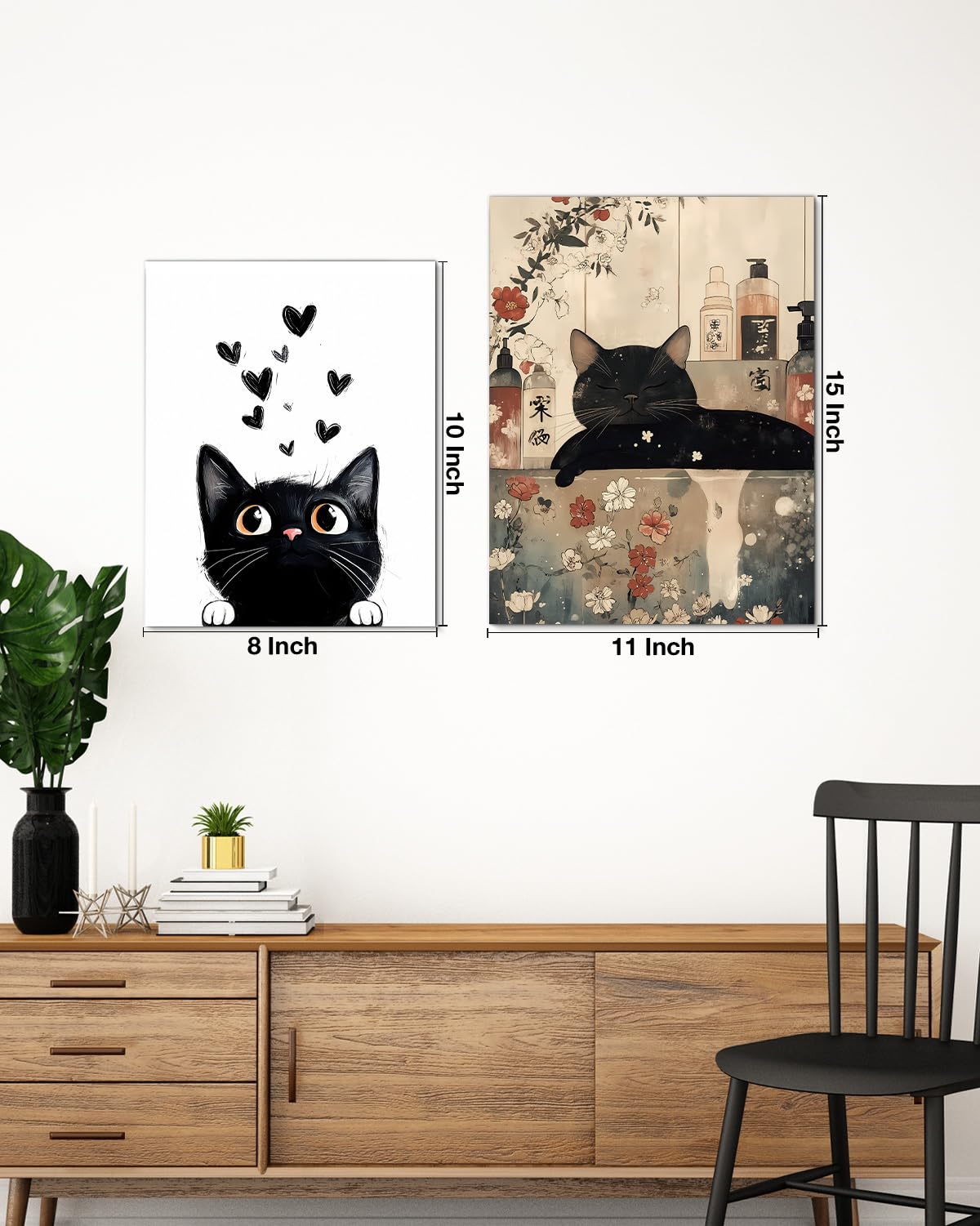 Cute Cartton Cat Canvas Wall Art Black Kitten Print Poster Framed Painting for Home Living Room Bedroom Wall Decor 8x10 Inch, Cat Lover Gifts