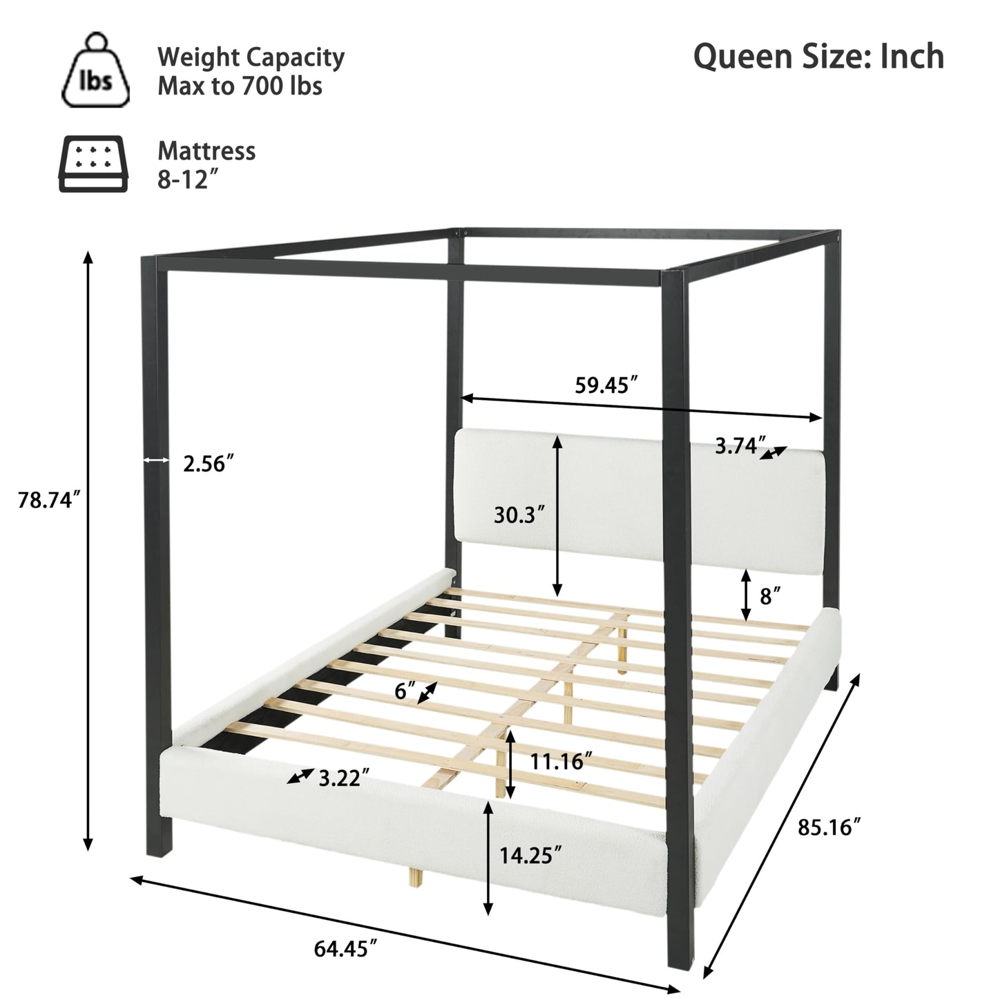Merax Modern Queen Szie Metal Canopy Bed with Plush Bouclé Upholstery,Four-Poster Bed with Wood Slat Support,Padded Headboard & Side Rails,No Box Spring Needed,Luxury Bedroom Furniture,White+Black