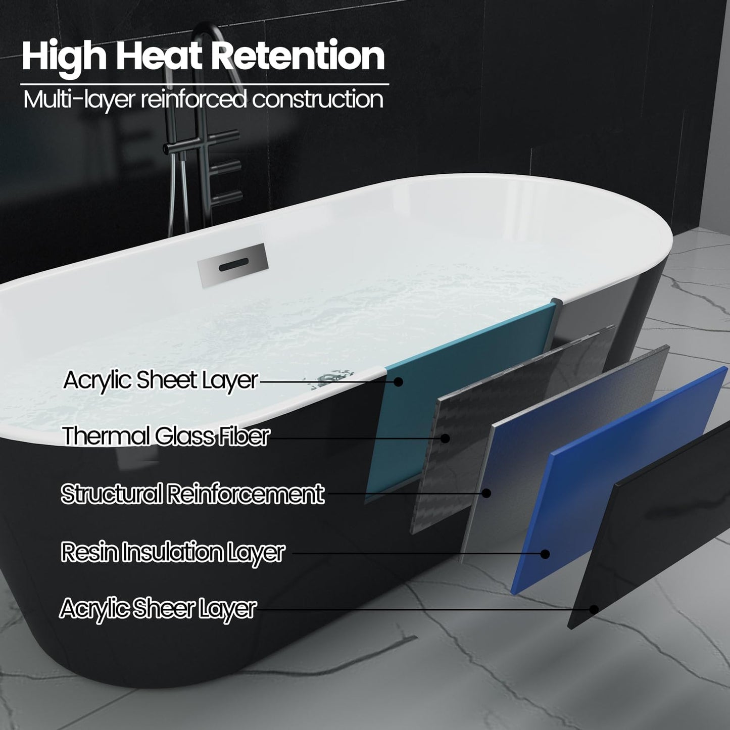 Freestanding Bathtub 59 inch Black and White Acrylic Soaking Tub with Chrome Drain and Overflow, Modern Spa Bath for Bathroom Renovation and Relaxing Home Use