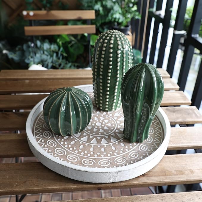 Hrastany Boho Round Wooden Decorative Tray, White Farmhouse Candles Tray for Home Decor, A Pattern