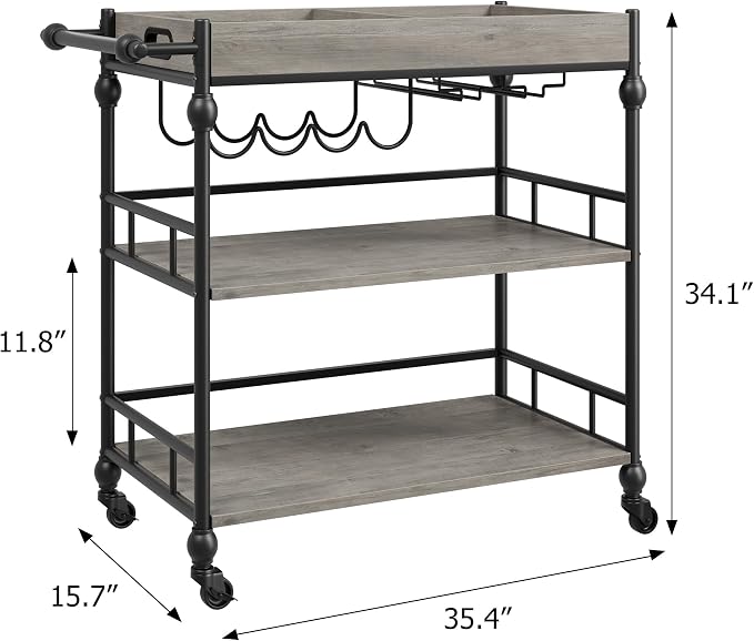 GarveeHome Bar Cart with Wheels, 3-Tier Serving Cart for Home, Mobile Rolling Beverage Cart with Wine Rack and Removable Tray for Kitchen, Dining, Living Room, 35.4" x 15.7" x 34.1", Grey