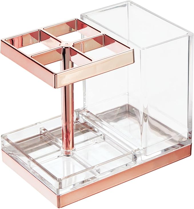 mDesign Plastic Toothbrush and Toothpaste Storage Organizer Holder - Home Decor for Bathroom Countertop - Holds Toiletries and Beauty Accessories - Lumiere Collection - Clear/Rose Gold