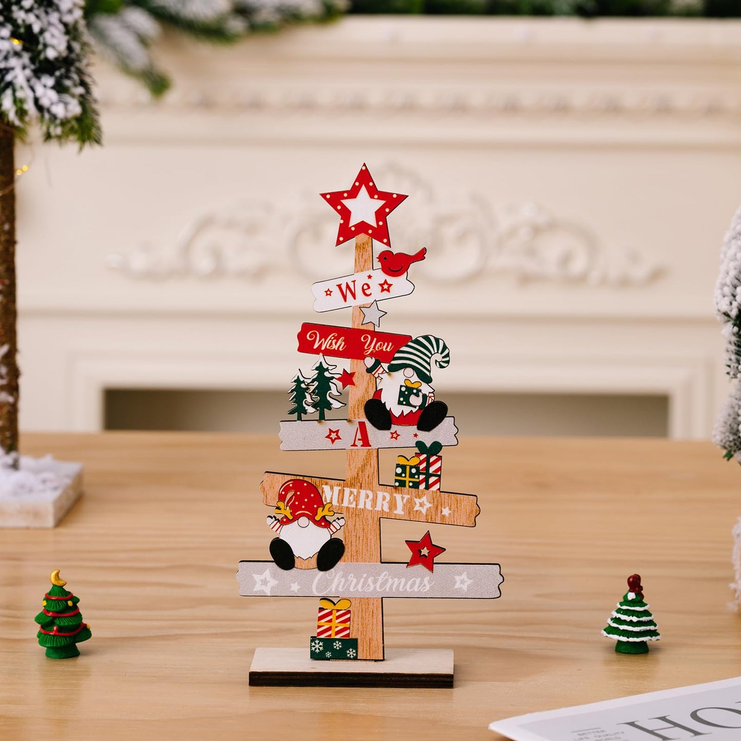 Anikoocory Christmas Tree Gnome Decorations for Home, Tabletop, Wooden Xmas Ornaments for Office Party Tiered Tray Desk Decor (We Wish You A Merry Christmas)
