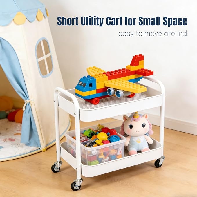 2 Tier Short Rolling Cart with Wheels for Under Desk Storage & Pantry Storage, Large Capacity Metal Kitchen Utility Cart for Small Space, Laundry Room Organizer Side Table with 4 Hooks, White