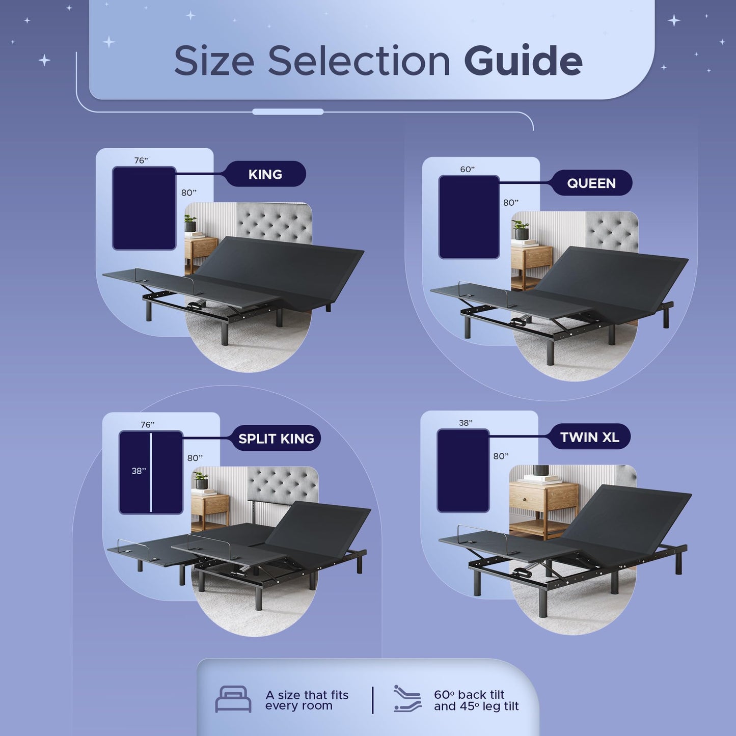 Celestial Sleep Aurora Adjustable Bed Base (Frame Only), Easy Assembly, Head and Foot Lift, Zero Gravity, Memory Positions - Split King