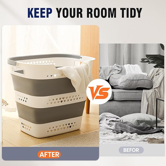 Collapsible Plastic Laundry Basket Hamper with Handles, Large 42L Portable Rubber Clothes Basket, Pop Up Storage Container/Organizer for Washing & Storage, Grey